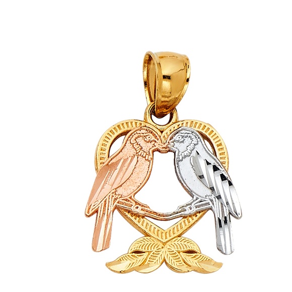 14K Tri Color Heart with Bird Pendant